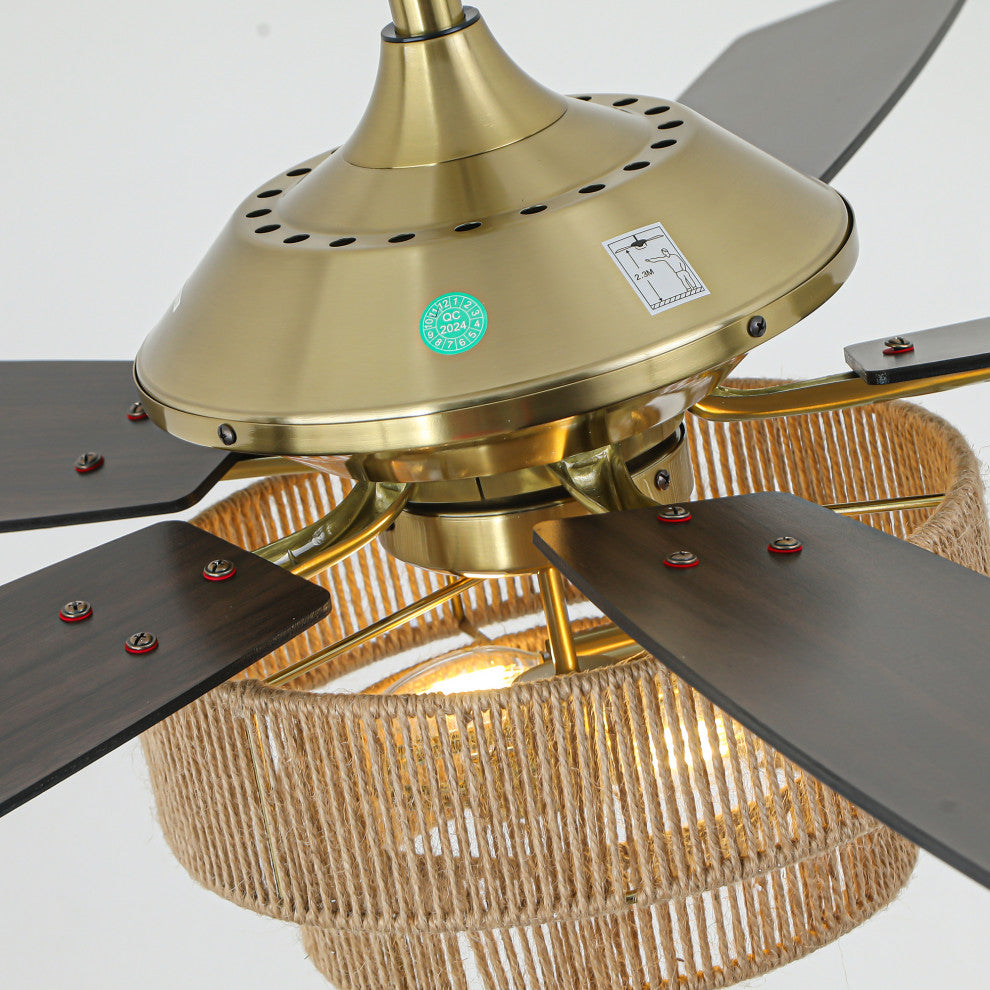 52 in Farmhouse Brushed Gold Ceiling fan with Hemp Rope Shade