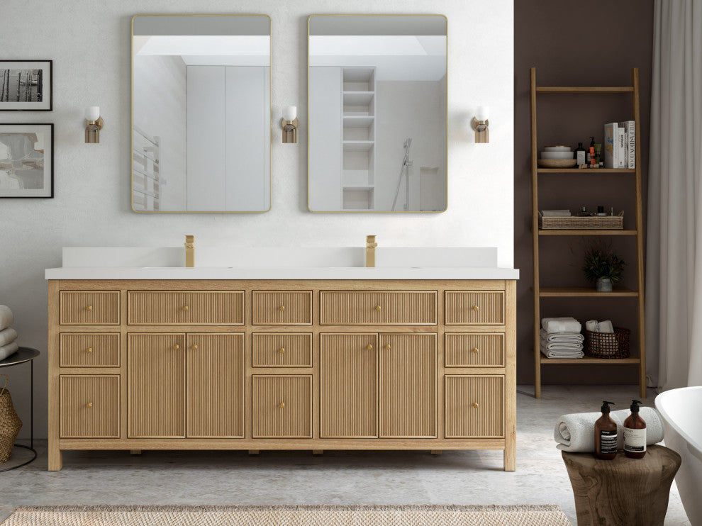Sonoma 84 Double Sink Bath Vanity in Light Natural Teak with 2" White Quartz