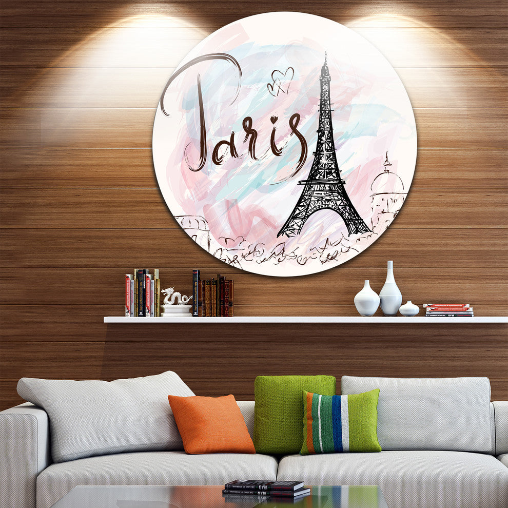 Illustration With Eiffel Tower, Abstract Cityscape Round Wall Art, 38"