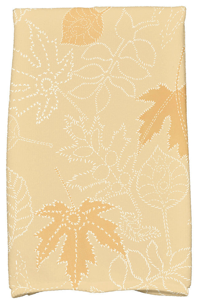 Dotted Leaves Floral Print Kitchen Towel, Gold