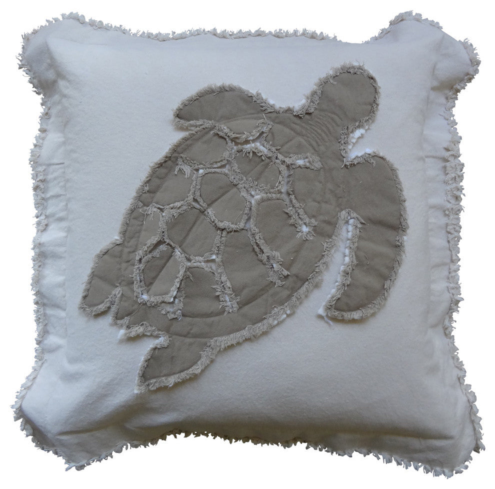 Coastal Frayed Edge Euro Pillow, Khaki Sea Turtle Applique
