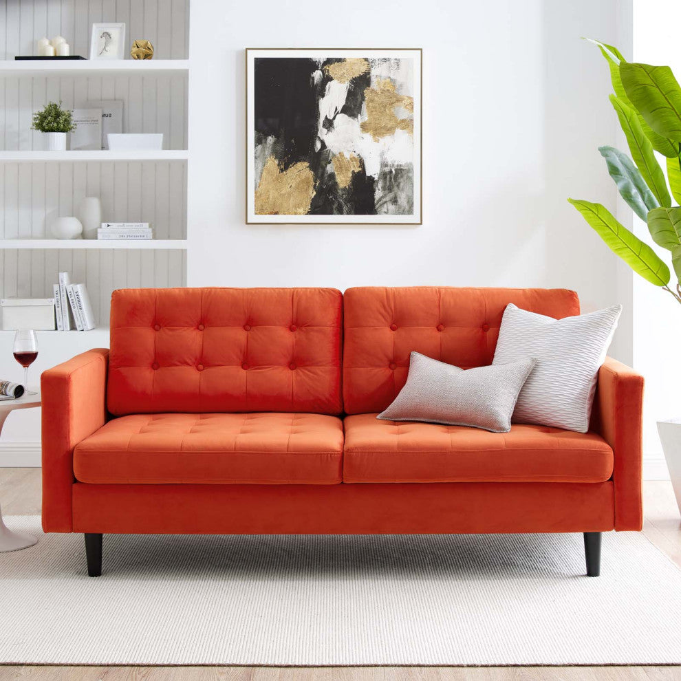 Tufted Sofa, Velvet, Orange, Modern, Living Lounge Room Hotel Lobby Hospitality