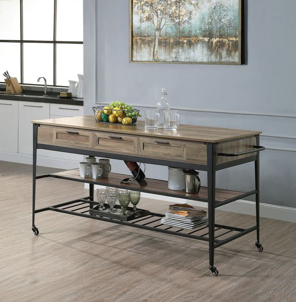 ACME Macaria Kitchen Island, Rustic Oak and Black