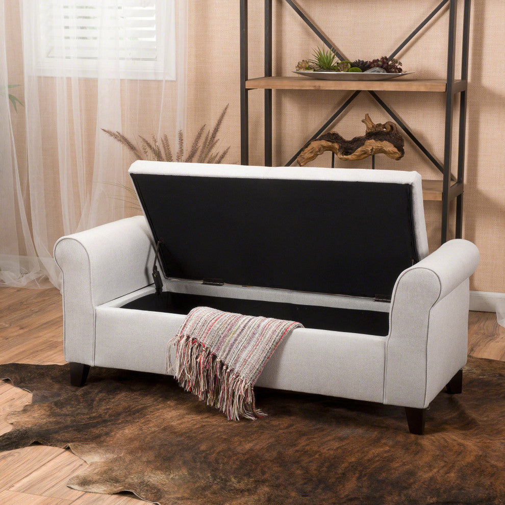 GDF Studio Hayes Contemporary Fabric Storage Ottoman Bench with Rolled Arms, Light Gray