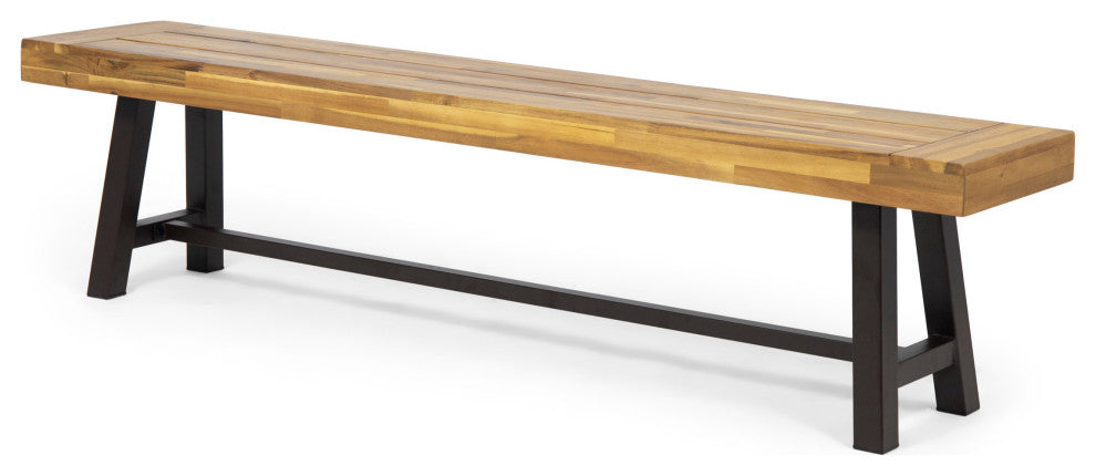 Marian Outdoor Acacia Wood Bench, Teak Finish, Rustic Metal