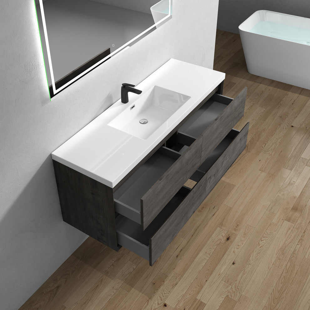 Kingdee Smoke Oak Wall Mounted Vanity With Reinforced Acrylic Sink, 60''