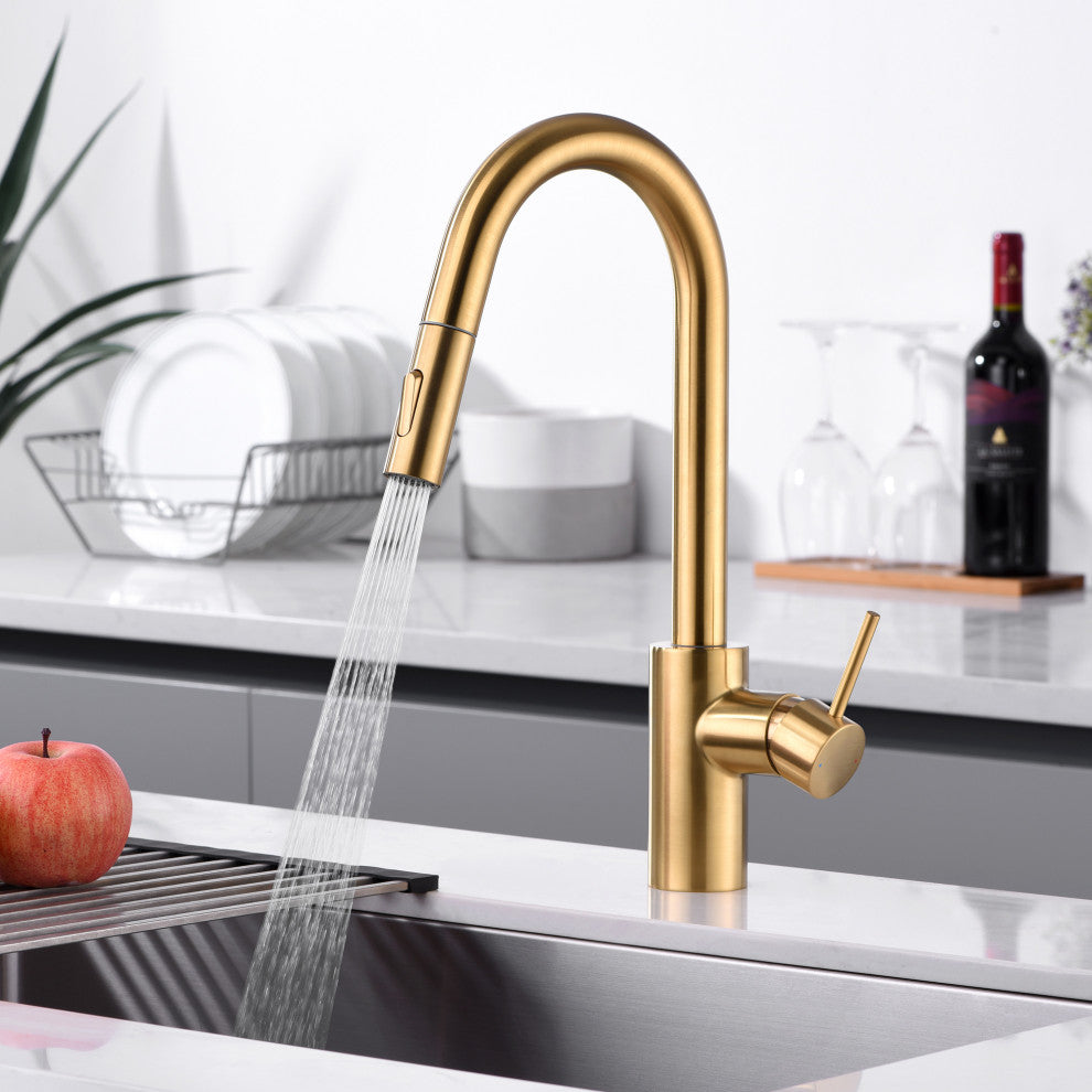 Luxier KTS21-T Single-Handle Pull-Down Sprayer Kitchen Faucet, Brushed Gold