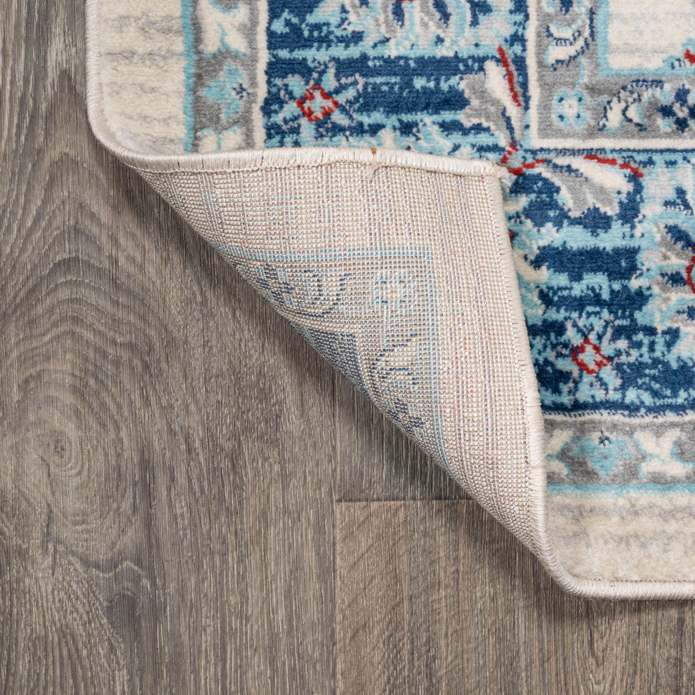Modern Persian Vintage Moroccan Traditional Cream/Navy 2'x8' Runner Rug