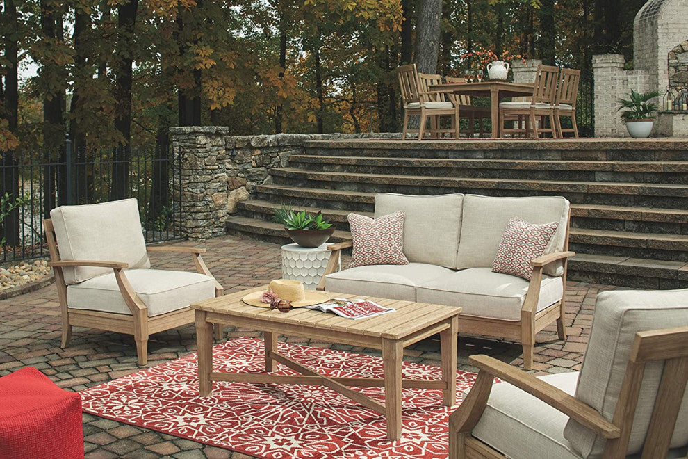 Coastal Outdoor Patio Eucalyptus Loveseat with Cushions, Beige