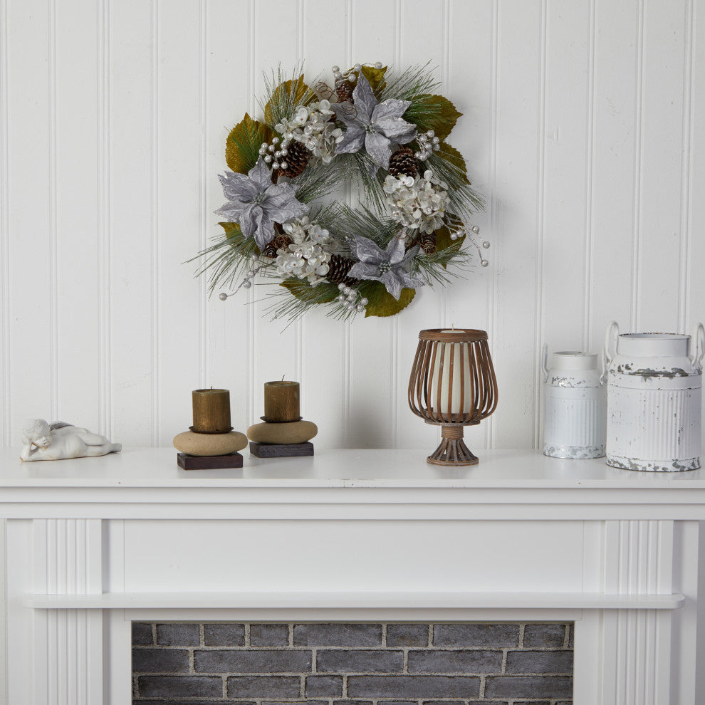 W1318 24 Silver Poinsettia, Hydrangea and Pinecones Artificial Christmas Wreath