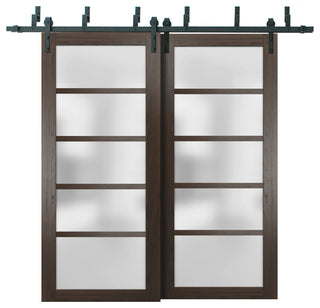 Frosted Glass Barn Bypass Doors 84 x 84, Quadro 4002 Chocolate Ash, 8' Rails