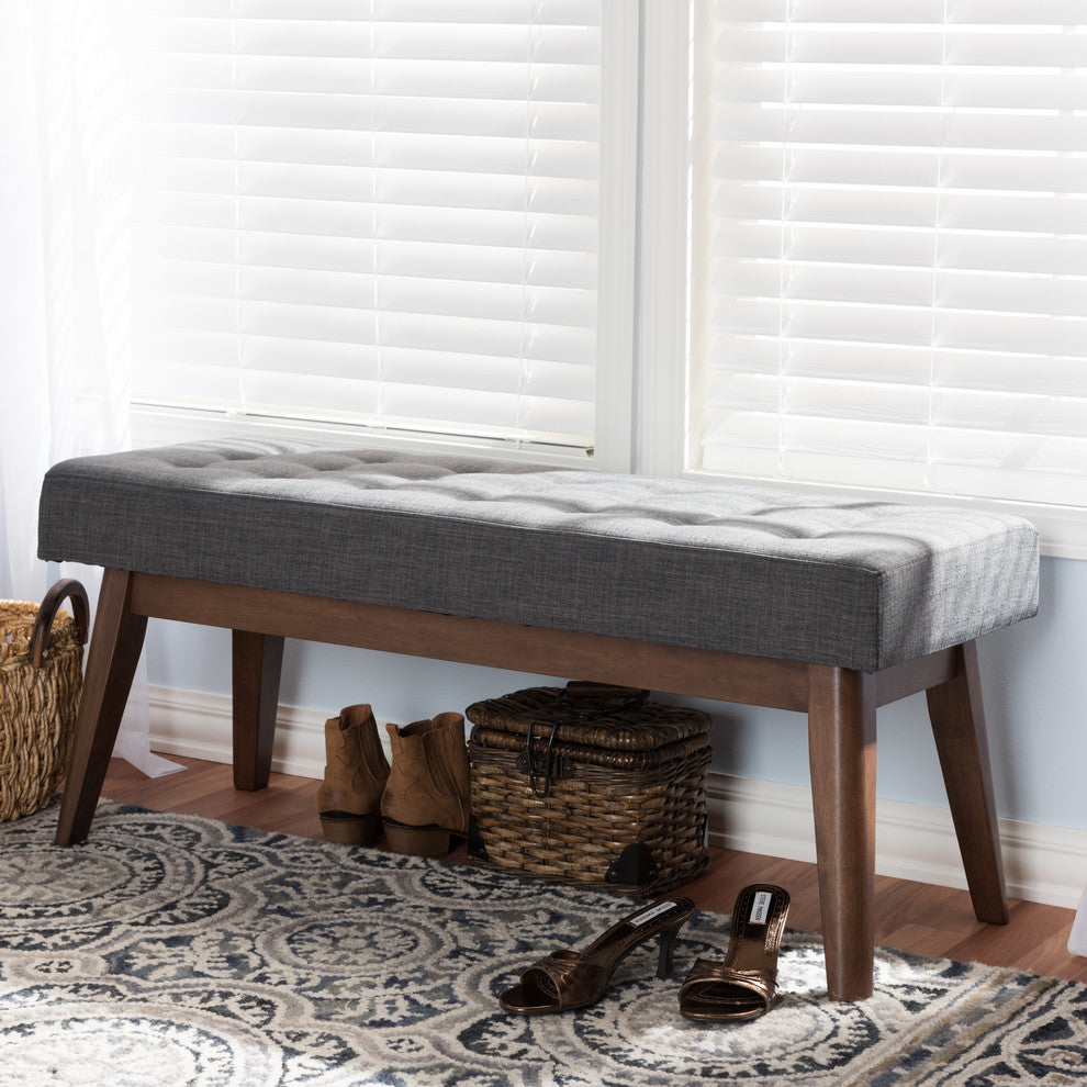 Elia Mid-Century Modern Walnut Wood Dark Gray Button-Tufted Bench