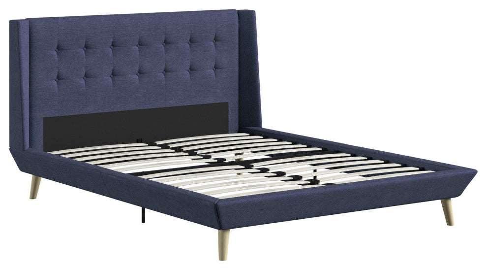Unique Platform Frame, Wing Headboard With Button Tufting, Blue, Full