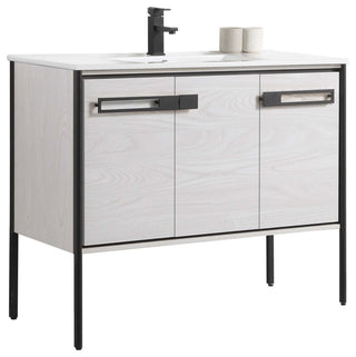 Oakville Bath Vanity, Ceramic Sink, Mild Grey Oak, 42 Inch, Black Hardware