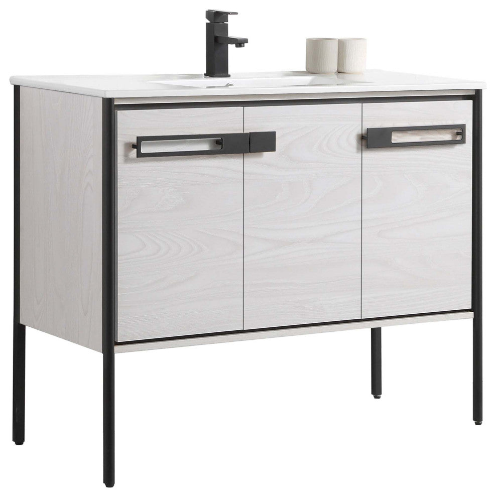 Oakville Bath Vanity, Ceramic Sink, Mild Grey Oak, 42 Inch, Black Hardware