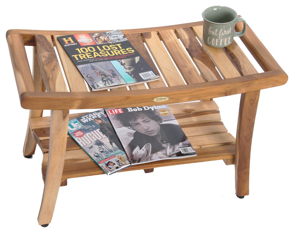 EcoDecors EarthyTeak Harmony 30" Teak Shower Bench With Shelf And LiftAide Arms