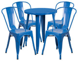 Commercial Grade 24" Round Blue Metal Indoor-Outdoor Table Set, 4 Cafe Chairs