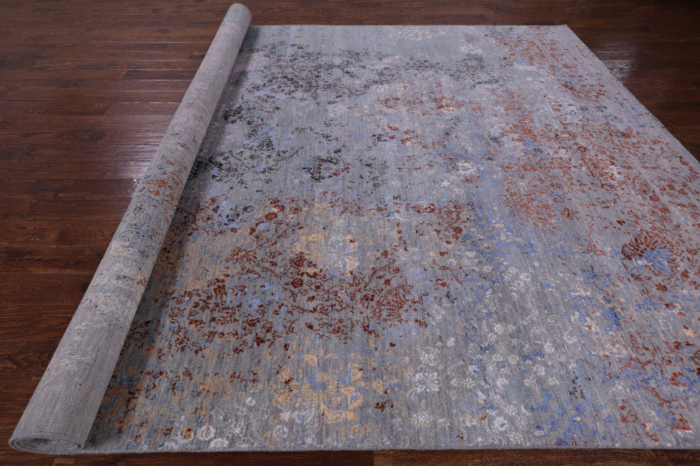 9' 1" X 12' 6" Modern Hand Knotted Wool and Silk Rug Q7074
