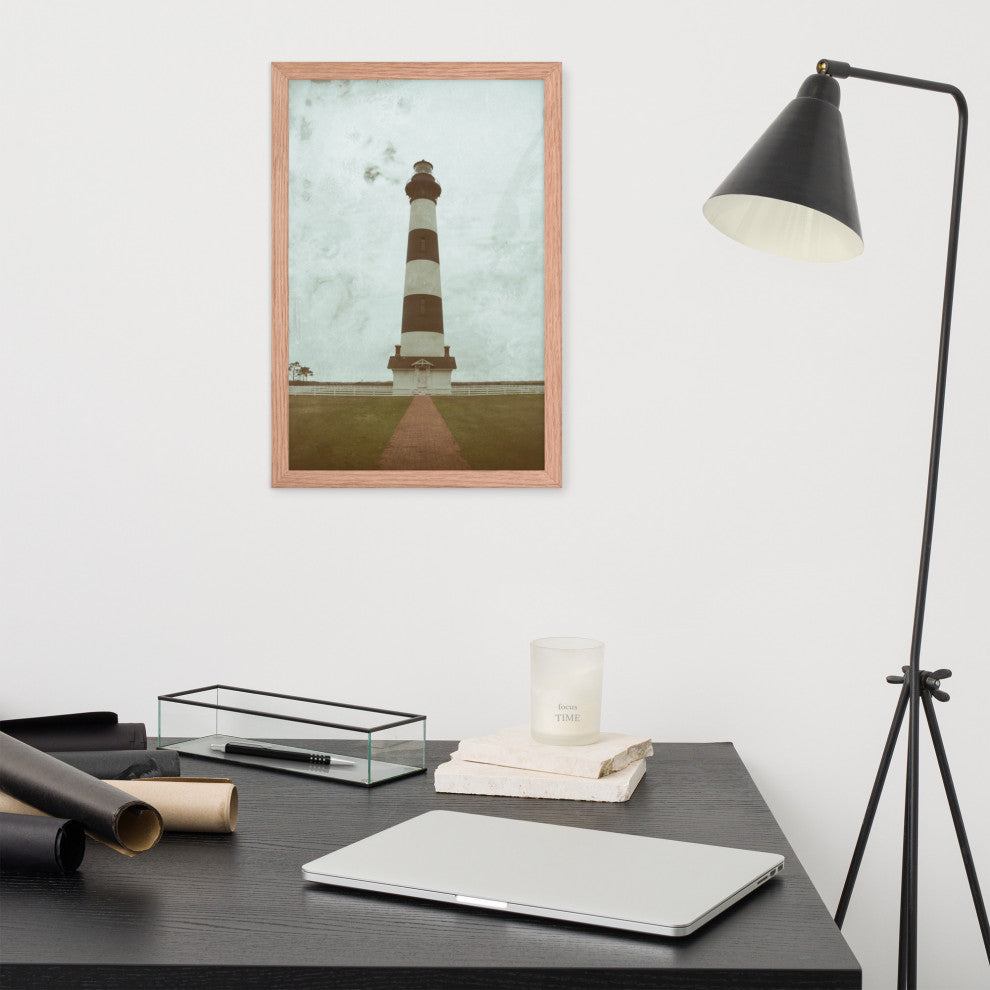 Aged Bodie Lighthouse Landscape Framed Photo Paper Wall Art Prints, Red Oak, 12" X 18"