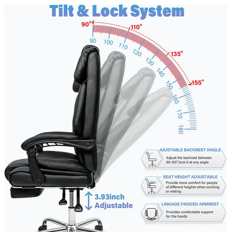 Modern Office Chair, Padded Arms & High Backrest With Lumbar Support, Black