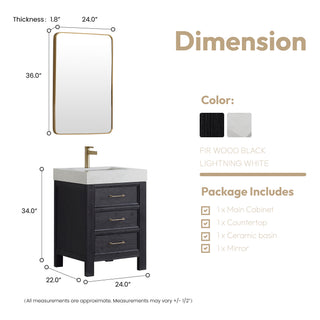 Leon Bath Vanity With Composite Stone Top, Fir Wood Black, 24", With Mirror