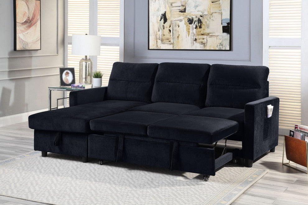Ivy Black Velvet Reversible Sleeper Sectional Sofa, Storage Chaise, Side Pocket