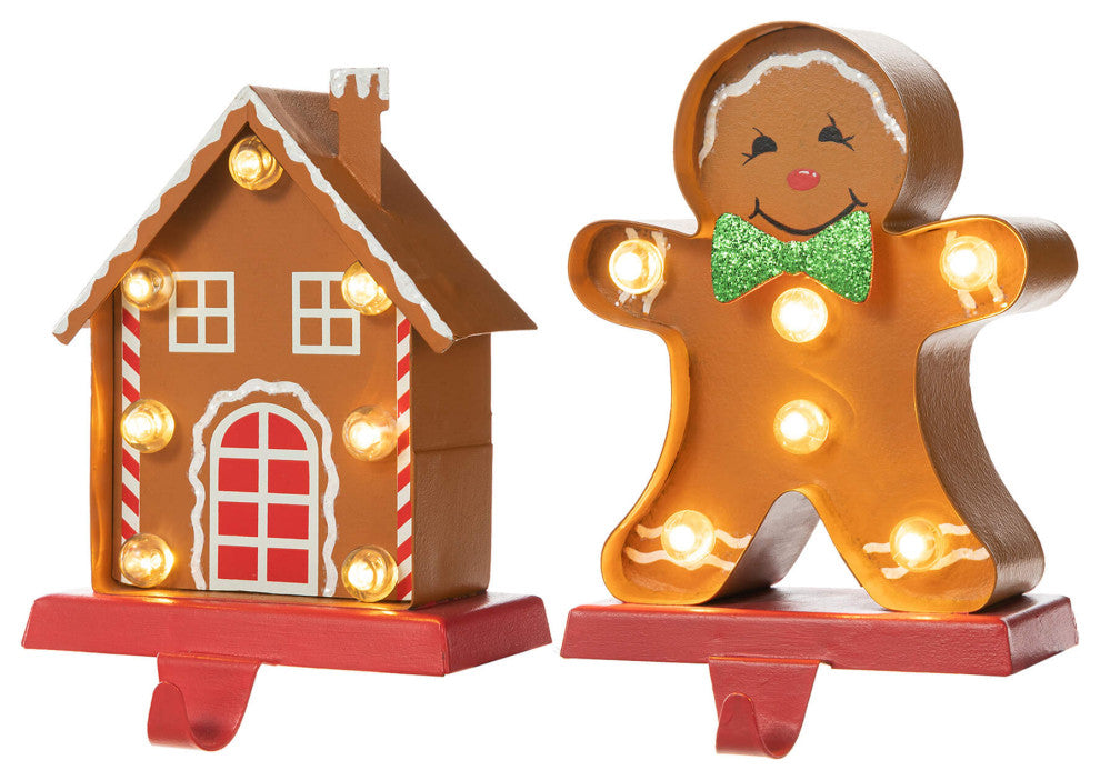Marquee LED Metal Gingerbread Stocking Hangers, House & Man