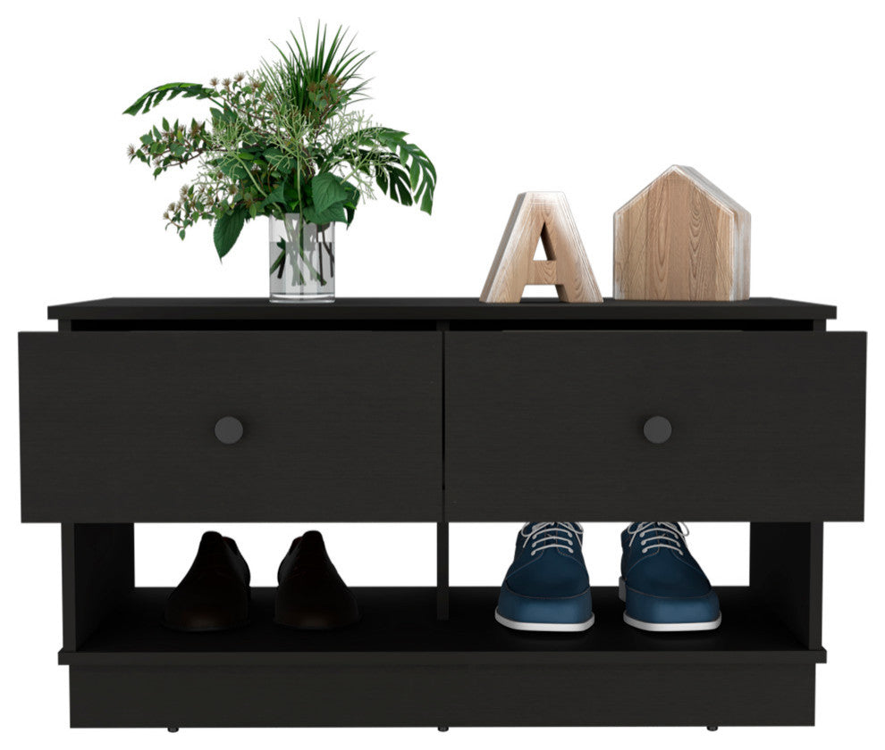 Tulip Storage Bench with 2 Drawers and 2 Open Shelves, Black