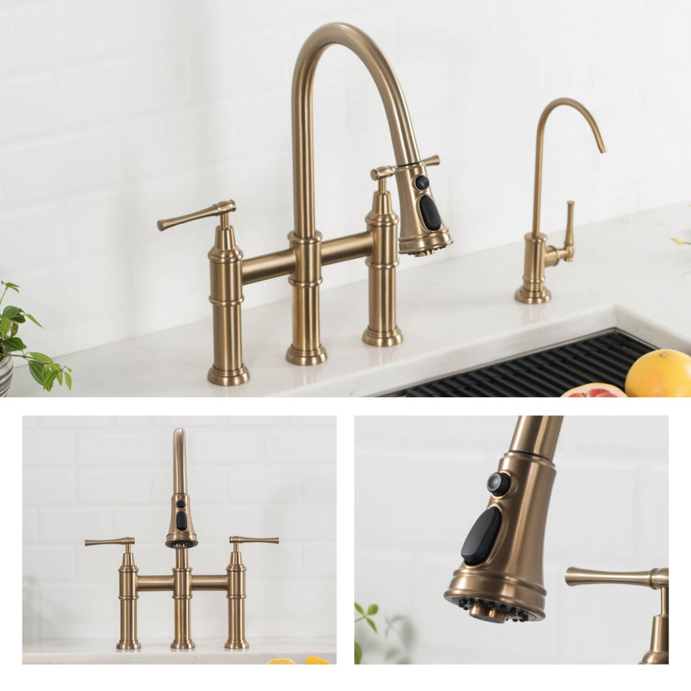 Allyn Traditional 3-Function Bridge Pull-Down Kitchen Faucet Brushed Gold