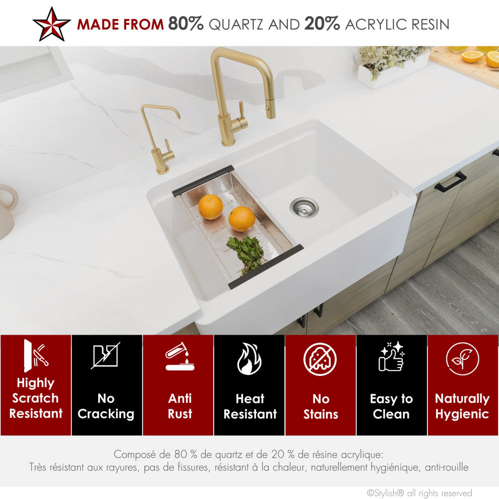30" Undermount Workstation Single Bowl White Granite Kitchen SInk