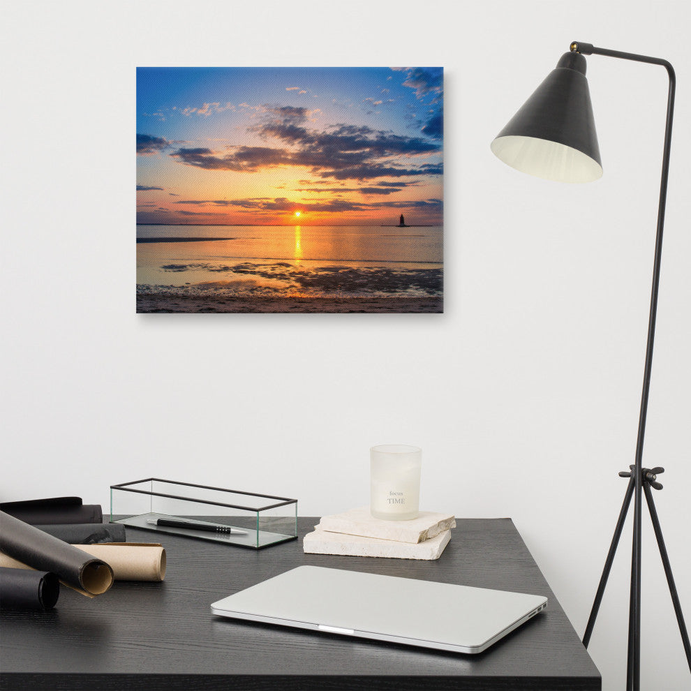Sunset at Breakwater Lighthouse Coastal Landscape Photo Canvas Print, 16" X 20"