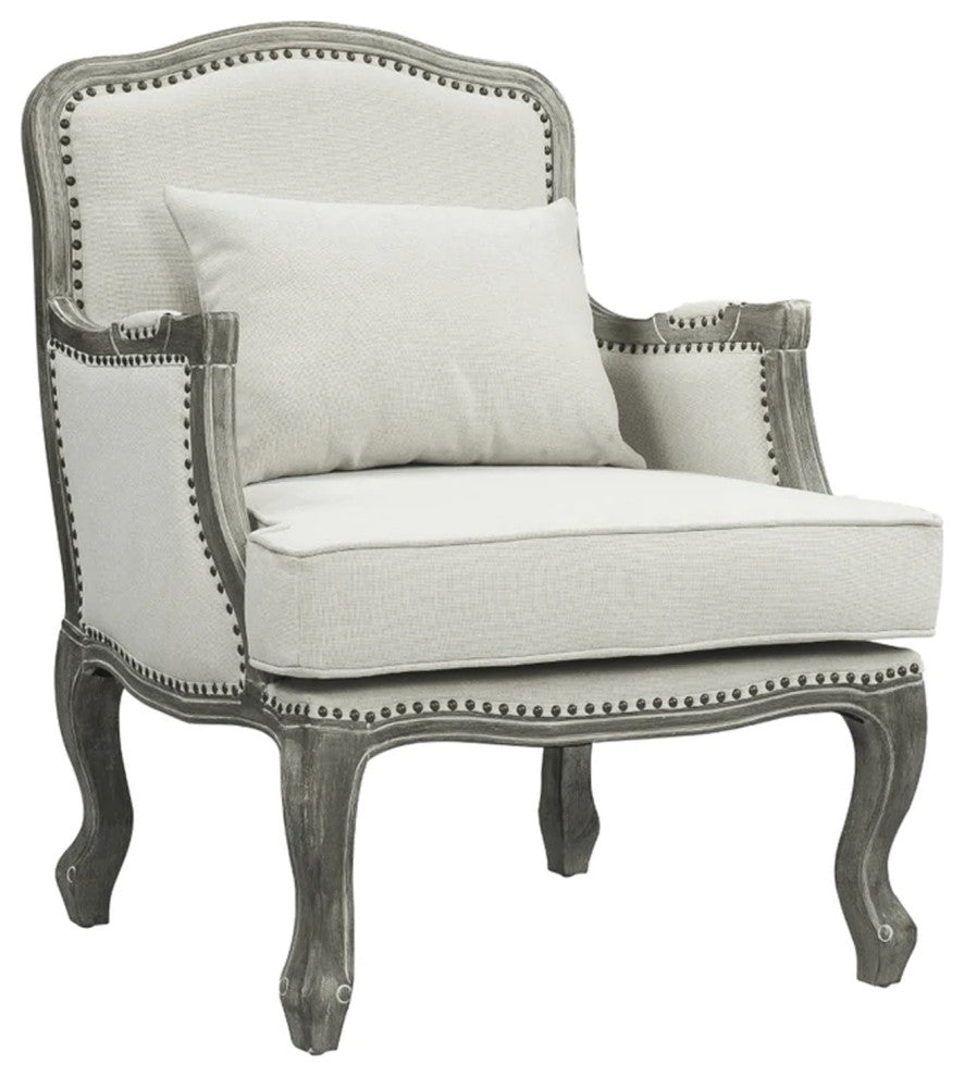 Benzara BM276244 Classic Accent Chair, Nailhead Trim, Box Cushion, Cream/Brown