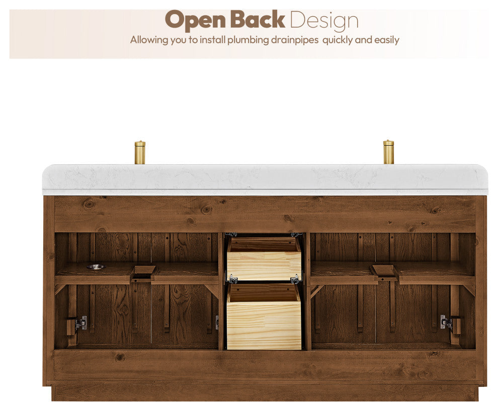Abuja Bathroom Vanity, Stone Top, No Mirror, Oak Weathered Brown, 72", Double Vanity