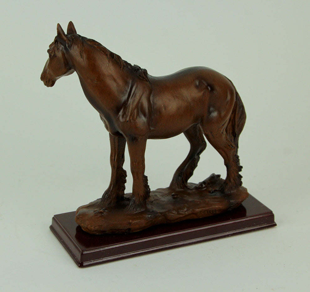 Brown Feathered Foot Standing Horse Statue On Wood Base