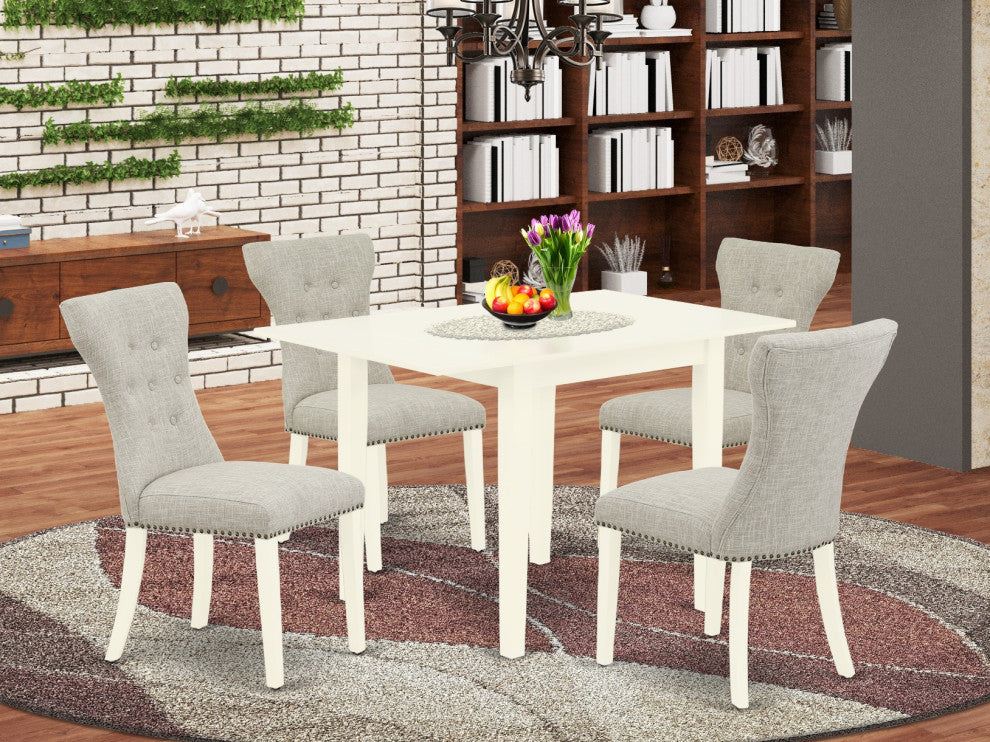 5Pc Kitchen Set 4 Chairs, 2 Drop Leaf Table Hardwood Frame, Linen White