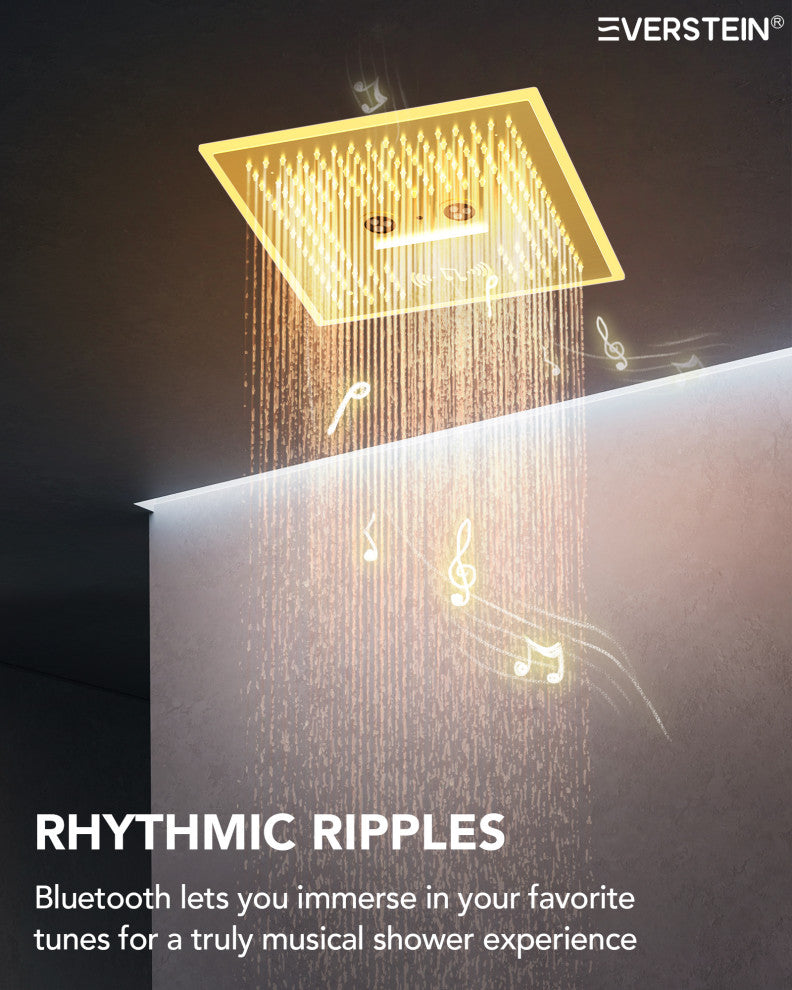 Music Shower System 16x6"Rainfall LED Shower Head With4 Way Thermostatic Faucet, Brushed Gold