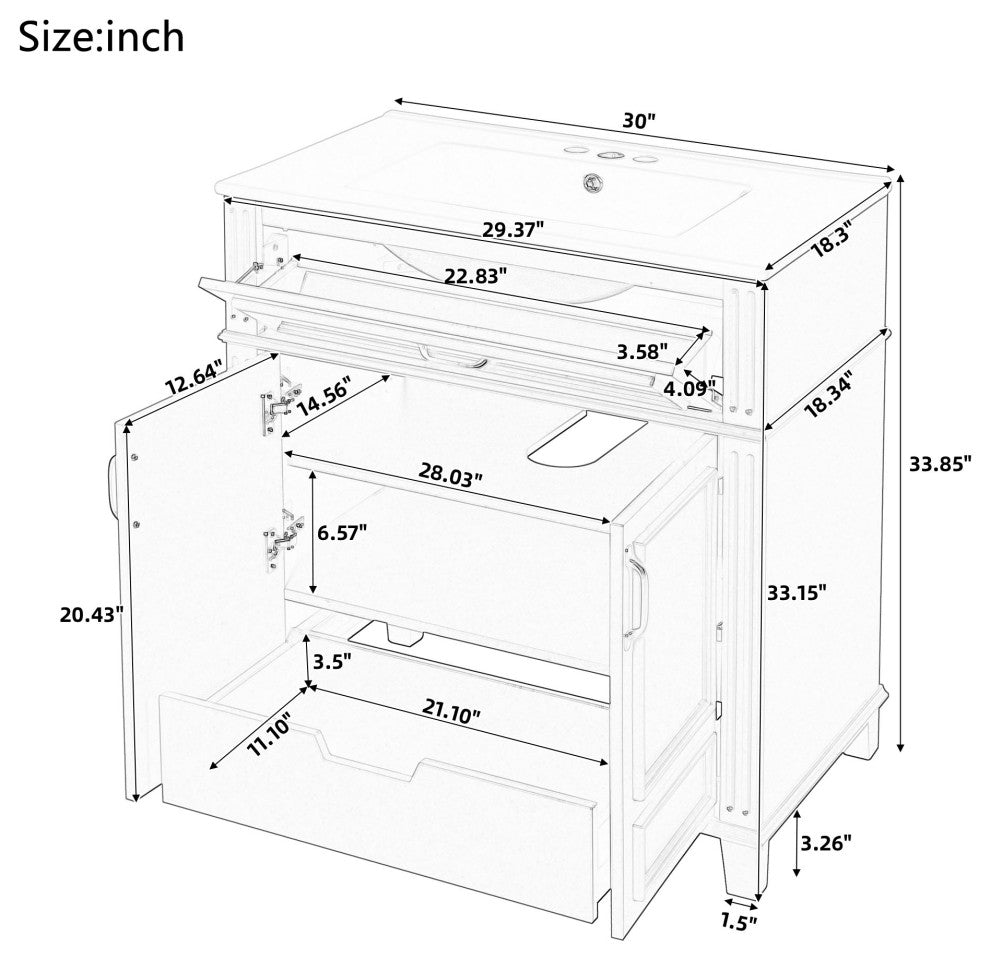 30 inches Freestanding Bath Vanity Set, Blue, Integrated Ceramic Sink