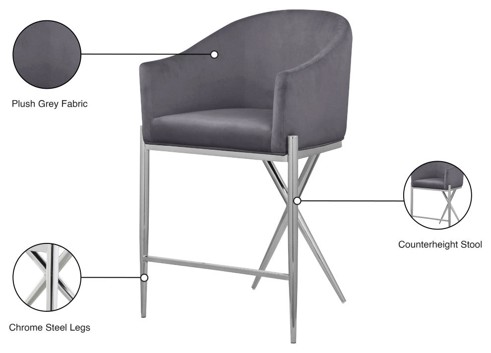 Xavier Velvet Upholstered Counter Height Stool, Gray, Chrome Finish