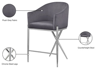 Xavier Velvet Upholstered Counter Height Stool, Gray, Chrome Finish