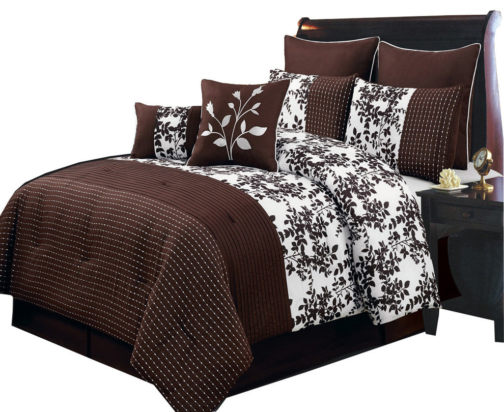 Bliss 100% Polyester 8PC Floral Bedding Set, Coffee, King