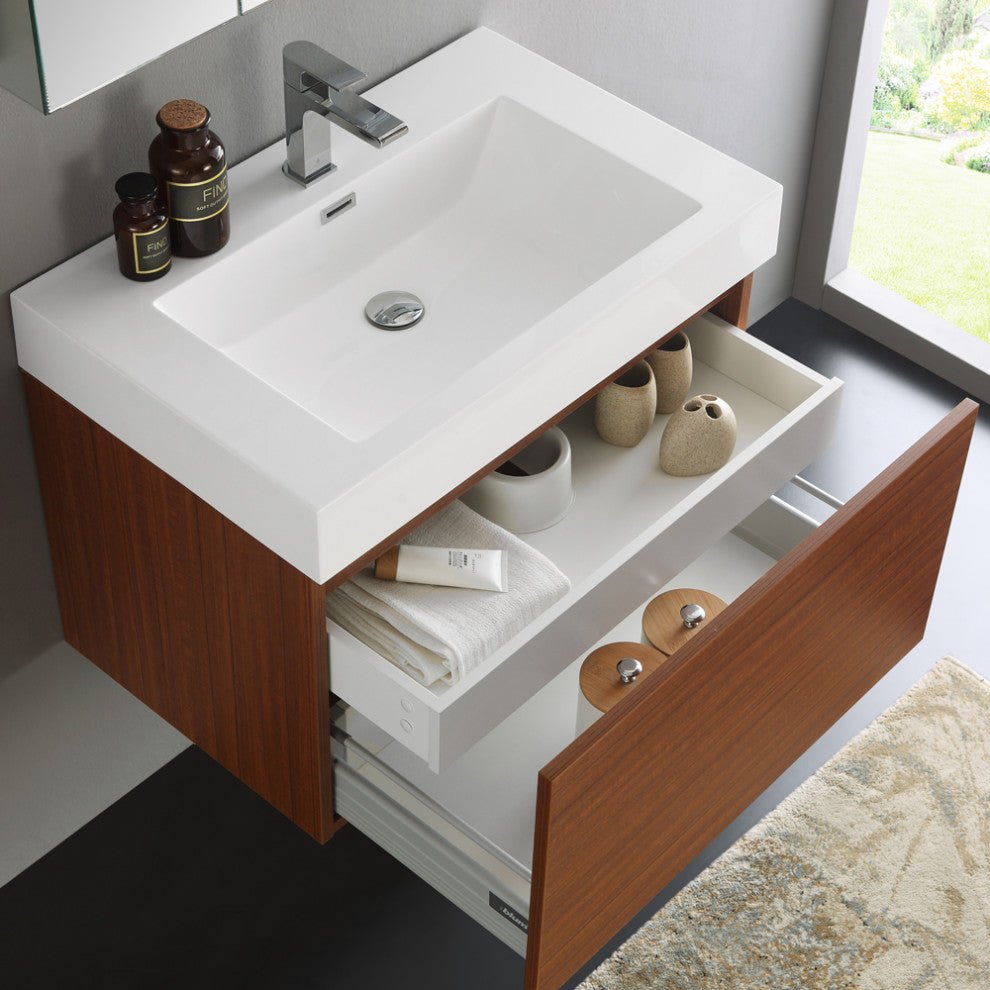 Fresca Mezzo 30" Teak Wall Hung Modern Bathroom Vanity With Medicine Cabinet