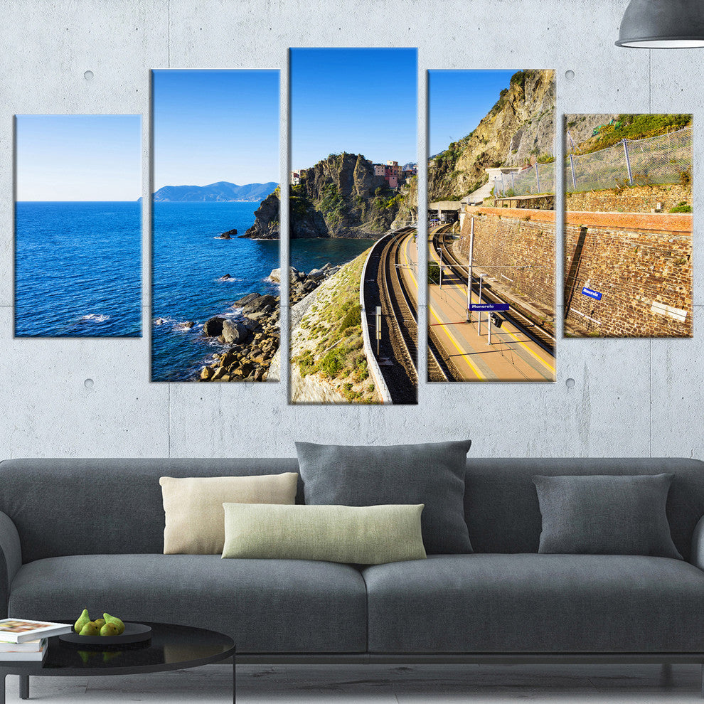 "Train And Railroad Station in Manarola" Landscape Wall Art, 5 Panels, 60"x32"