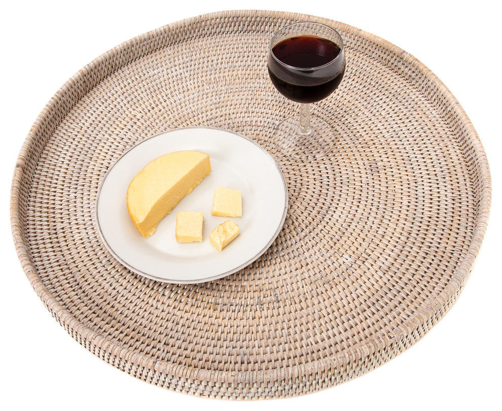 Artifacts Rattan™ Round Serving / Ottoman Tray, White Wash, Medium
