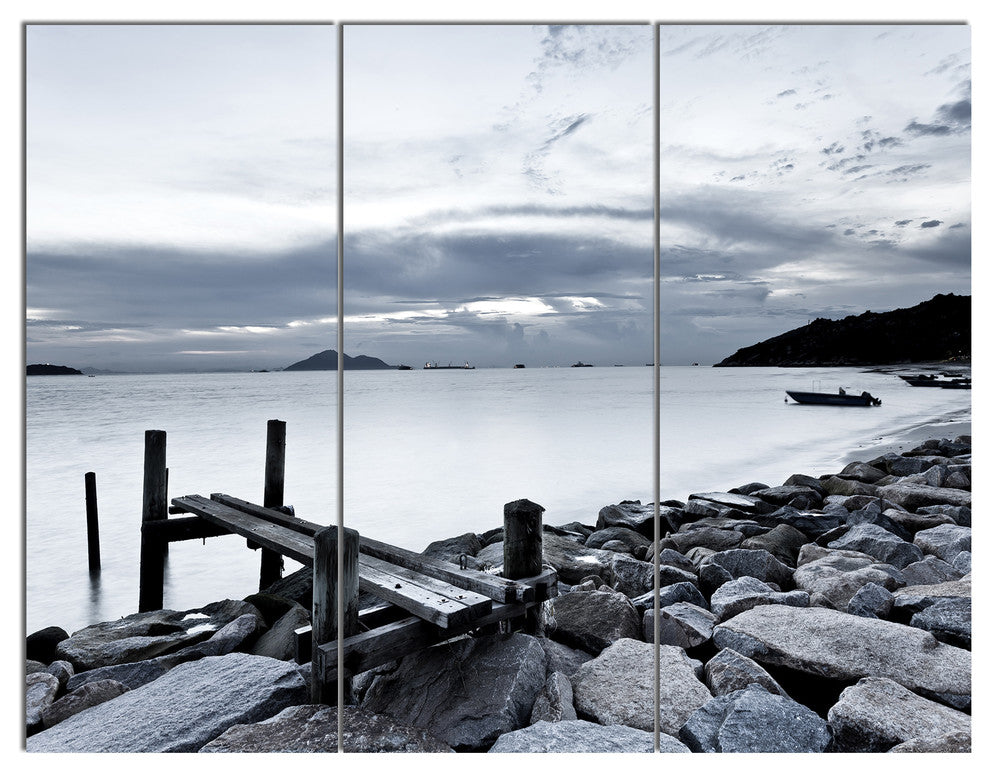 Small Sea Bridge from Rocky Beach, Landscape Canvas Art Print, 36x28, 3 Panels