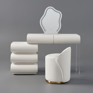 Modern Vanity Set PU Leather Dressing Table With Stool/LED Mirror, Off-White