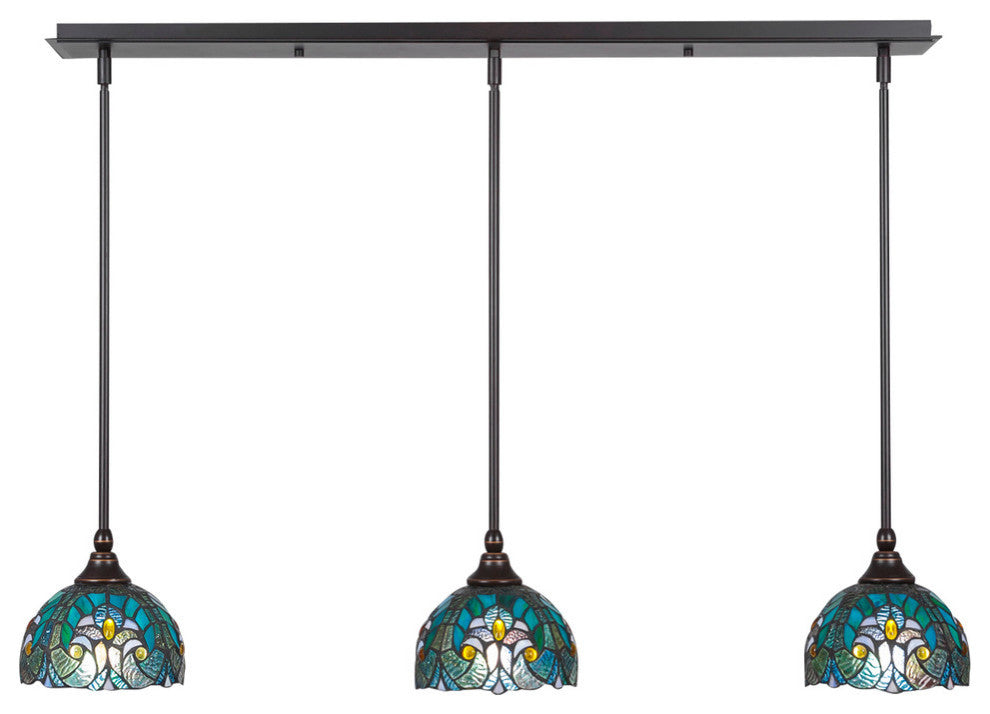 3 Light Mini Pendant In Dark Granite, 7" Turquoise Cypress Tiffany Glass