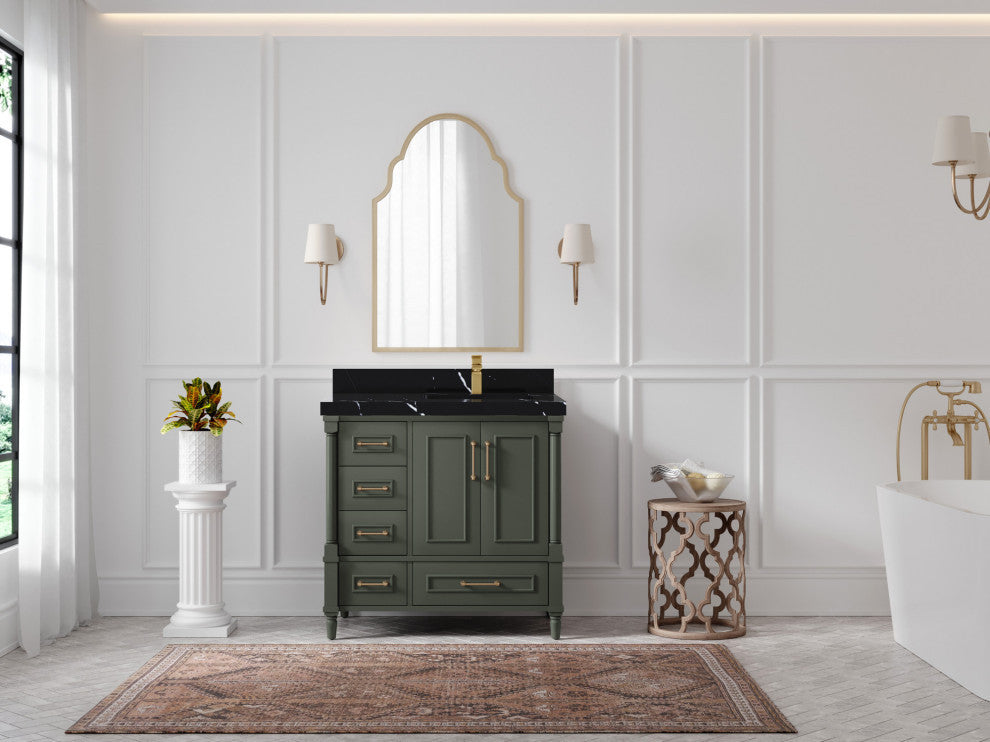 Aberdeen 36 Right Offset Bath Vanity in Pewter Green 2" Calacatta Black