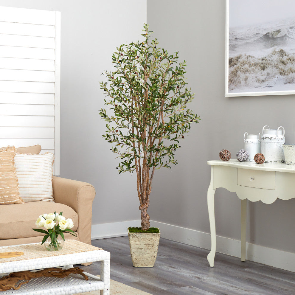 6.5' Olive Artificial Tree, Country White Planter