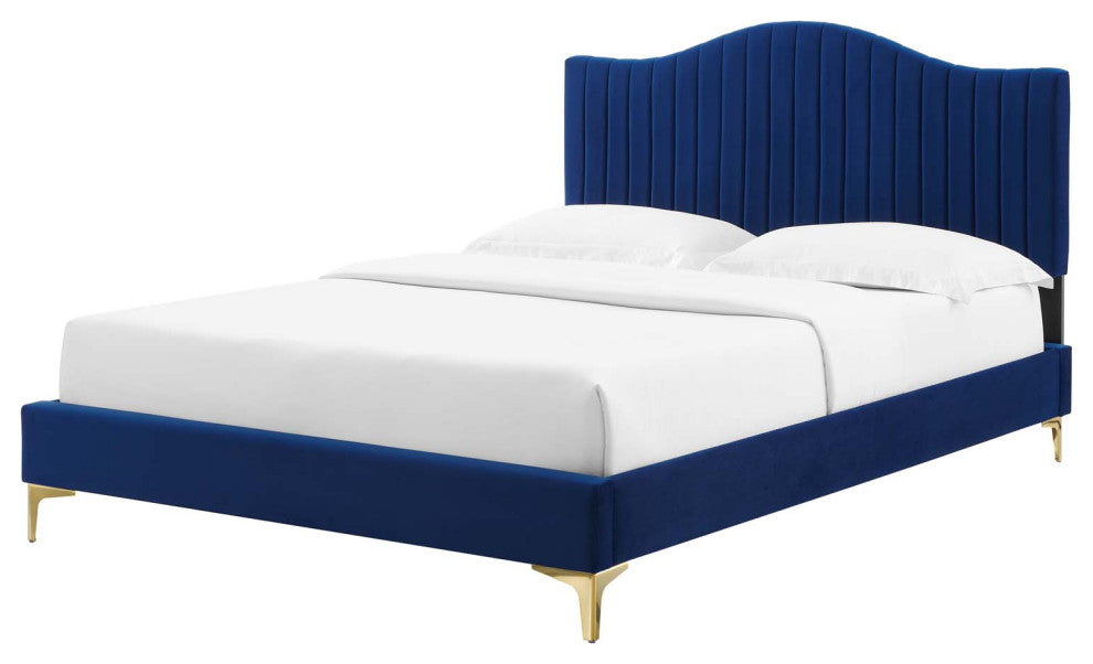 Tufted Platform Bed Frame, Full Size, Velvet, Blue Navy, Modern Contemporary