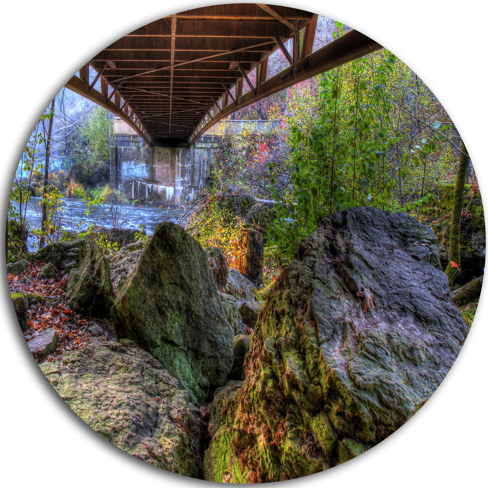 Rocks Under Bridge In Creek, Landscape Photo Disc Metal Wall Art, 23"